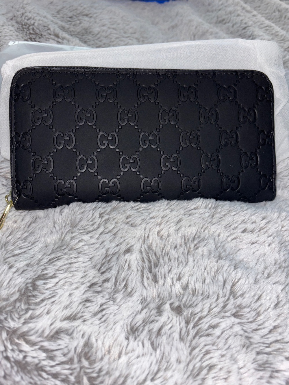 Gucci Black Embossed Zip-Around Wallet with Gold Zip Pull